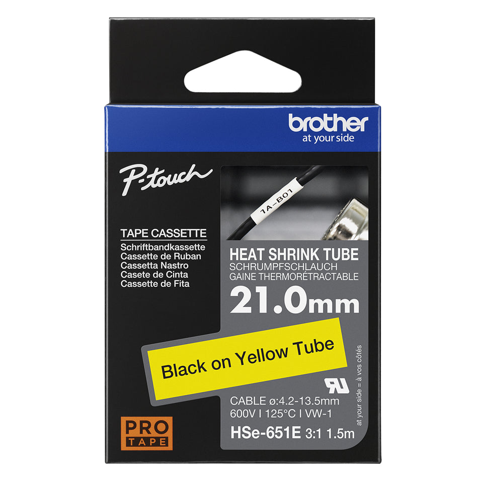 Brother HSE-651E Heat Shrink Tubes black on yellow 21mm x 1,5m for Brother P-Touch TZ 3.5-24mm HSE/36mm HSE