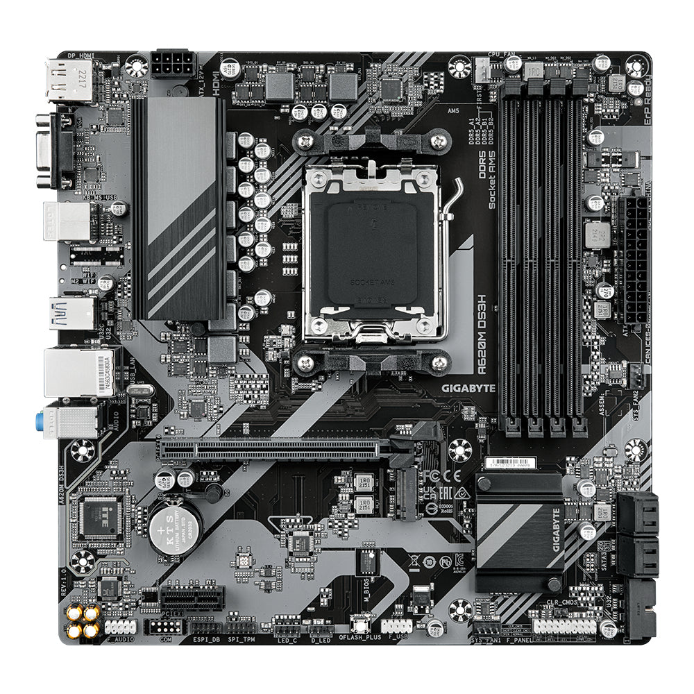 GIGABYTE A620M DS3H Motherboard - Supports AMD Ryzen 8000 CPUs, 5+2+2 Phases Digital VRM, up to 7600MHz DDR5 (OC), 1xPCIe 4.0 M.2, GbE LAN, USB 3.2 Gen 1