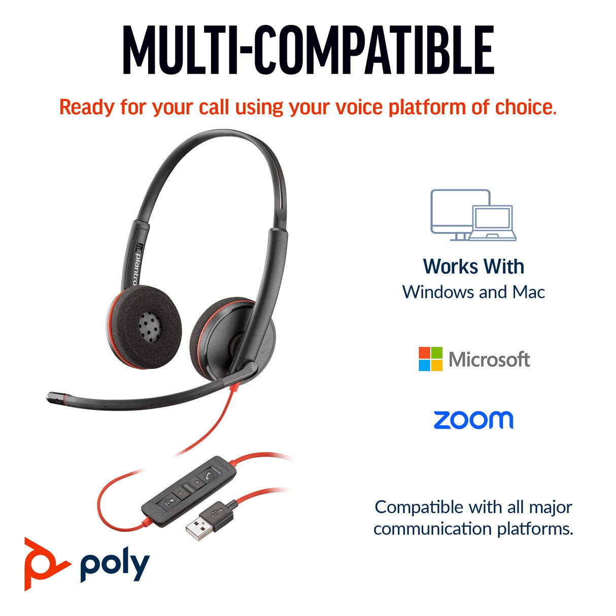 POLY Blackwire 3220 Stereo USB-C Black Headset +USB-C/A Adapter (Bulk)