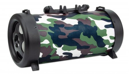 Manhattan Camouflage Bluetooth Speaker (Clearance Pricing), Decent Sound Output (3W), 3 hour Playback time, FM Radio, Range 10m, microSD card reader (32GB), Aux 3.5mm connector, USB-A charging cable included, 1200mAH battery, Bluetooth v5, 3 Years Warrant