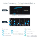 StarTech.com 2-Port Dual-Monitor DisplayPort KVM Switch, 4K 60Hz, 2x USB 5Gbps Hub Ports, 2x USB 2.0 HID Ports, Hotkey and Push-Button Switching, TAA Compliant - ESD Level 3 Protection