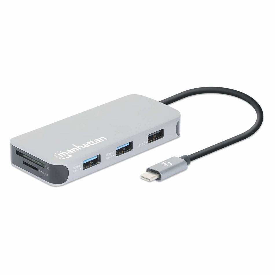 Manhattan USB-C Dock/Hub with Card Reader, Ports (x6): Ethernet, HDMI, USB-A (x3) and USB-C, With Power Delivery (10W) to USB-C Port (Note additional USB-C wall charger and USB-C cable needed), Universal for all devices, Cable 15cm, Aluminium, Silver