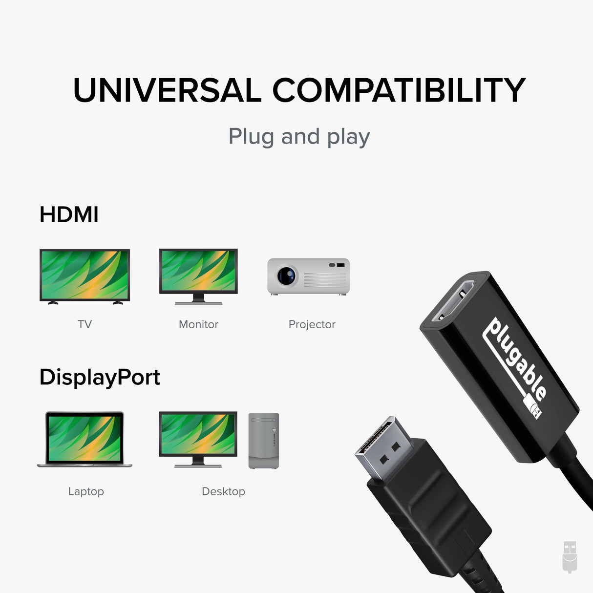 Plugable Technologies Active DisplayPort to HDMI Adapter, Uni-Directional, Driverless, Adapts Any Full-Sized DP Port to Enable Connecting a HDMI Cable and Display up to 4K 3840x2160 @60Hz