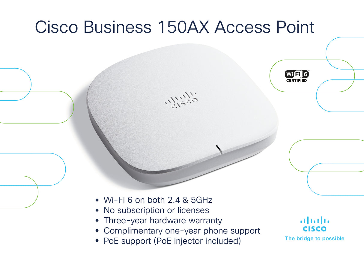 Cisco Business 150AX Wi-Fi 6 2x2 Access Point 1 GbE Port, Ceiling Mount, PoE Injector Included, 3-Year Hardware Protection (CBW150AX-E-UK) | Compatible with CBW150AX and CBW151AXM Mesh Extender