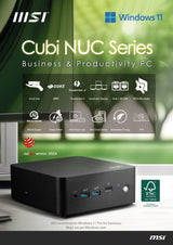 MSI Cubi NUC 1M Intel Core 3 100U (14th Gen) Barebone, NUC, SFF, Mini Computer, HTPC, (NO RAM, NO Storage, NO OS), UHD Graphics/DDR5/Dual ThunderBolt 4/Dual HDMI/Dual LAN/WiFi 6E/BT 5.3/VESA