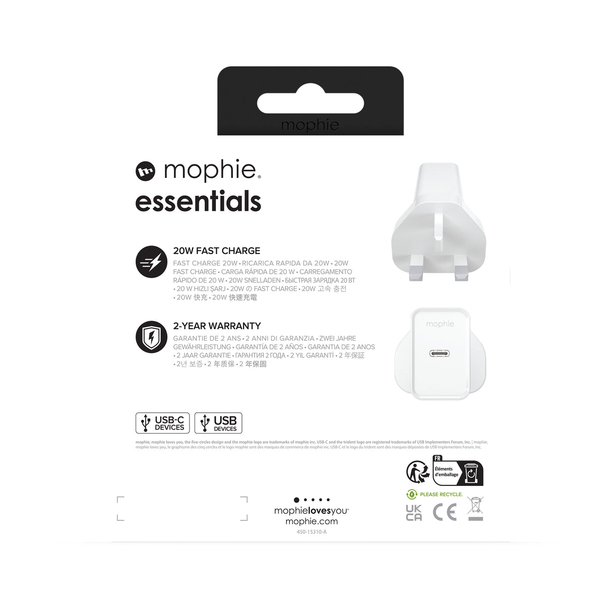 mophie essentials 20W USB-C PD wall adapter Universal White AC Fast charging Indoor