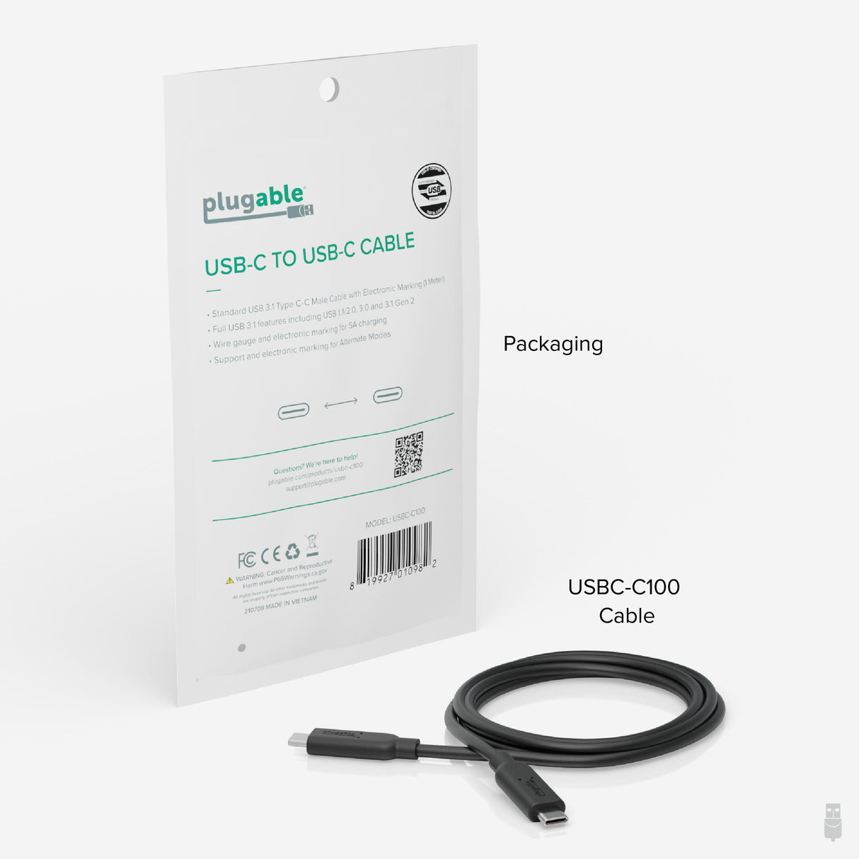 Plugable Technologies 10Gbps USB C to USB C Cable, 3.3 feet (1 Meter), 5A, USB-IF Certified, USB 3.1 Gen 2 Type-C - Driverless