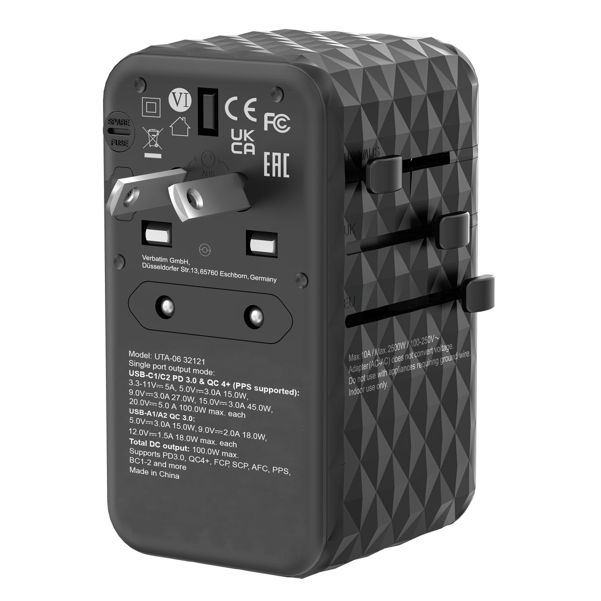 Verbatim UTA-06 100W GaN III Universal Travel Adapter with 2 x USB-C PD & QC 4+ & 2 x USB-A QC 3.0 ports