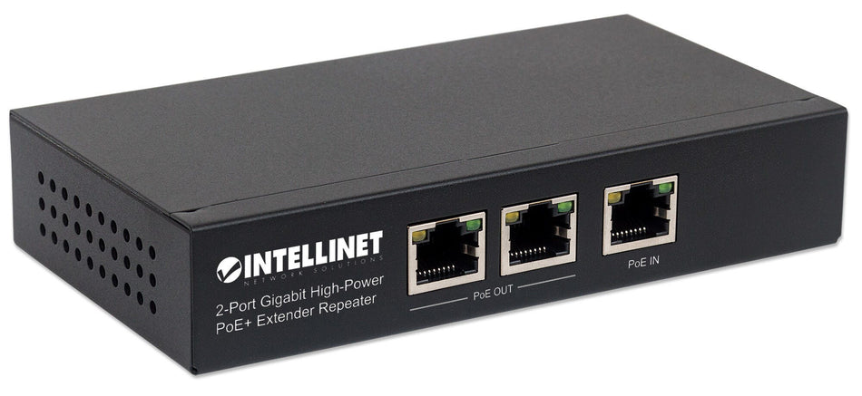 Intellinet 2-Port Gigabit High-Power PoE+ Extender Repeater, IEEE 802.3at/af Power over Ethernet (PoE+/PoE), metal