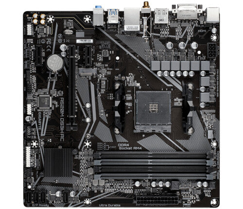 GIGABYTE A520M DS3H AC Motherboard - AMD Ryzen 5000 Series CPUs, 5+3 Phases VRM, up to 4733MHz DDR5 (OC), 1xPCIe 3.0 M.2, GbE LAN, WIFI 5, USB 3.2 Gen 1