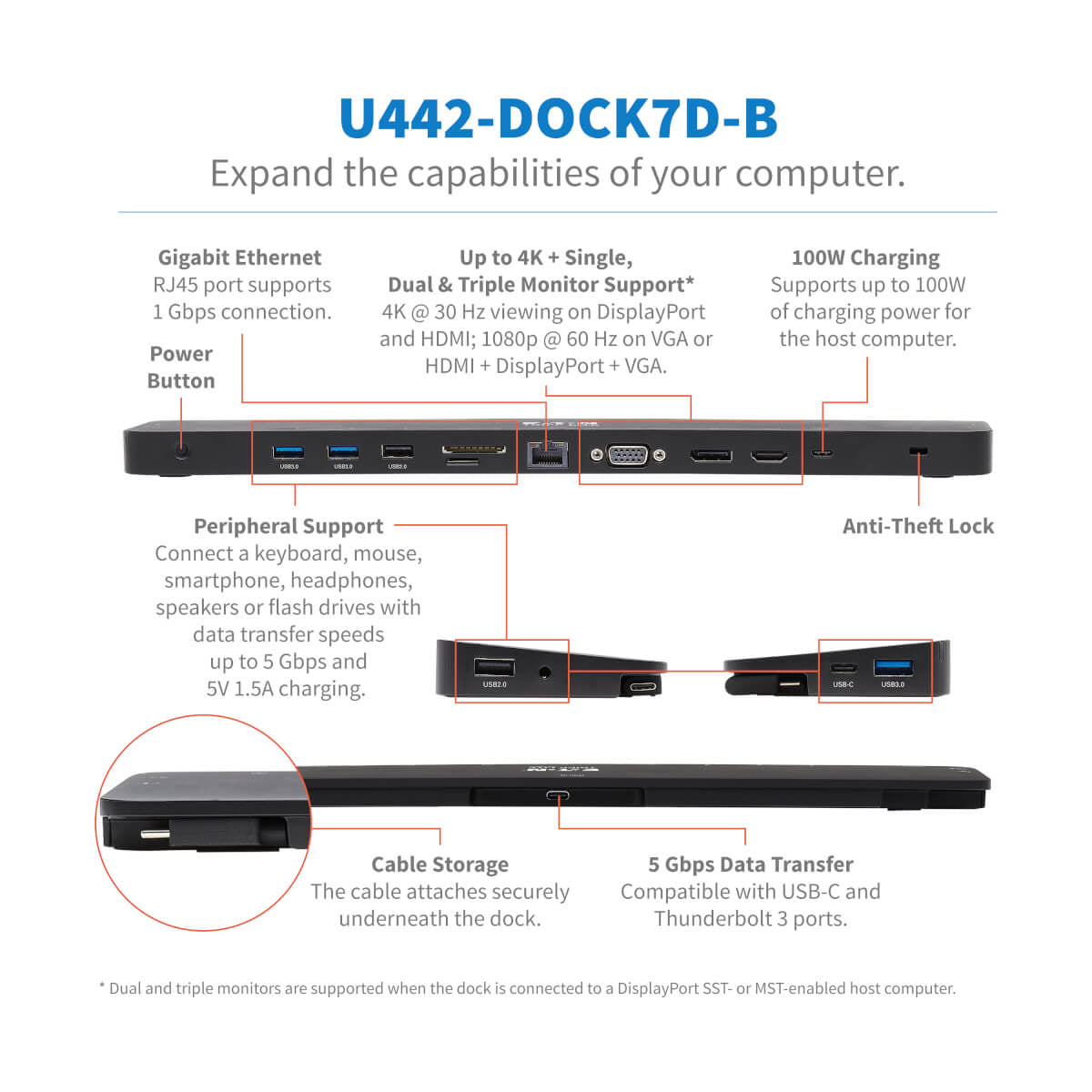 Tripp Lite U442-DOCK7D-B USB-C Dock, Triple Display - 4K HDMI & DP, VGA, USB 3.x (5Gbps) and USB 2.0 Hub Ports, GbE, 100W PD Charging