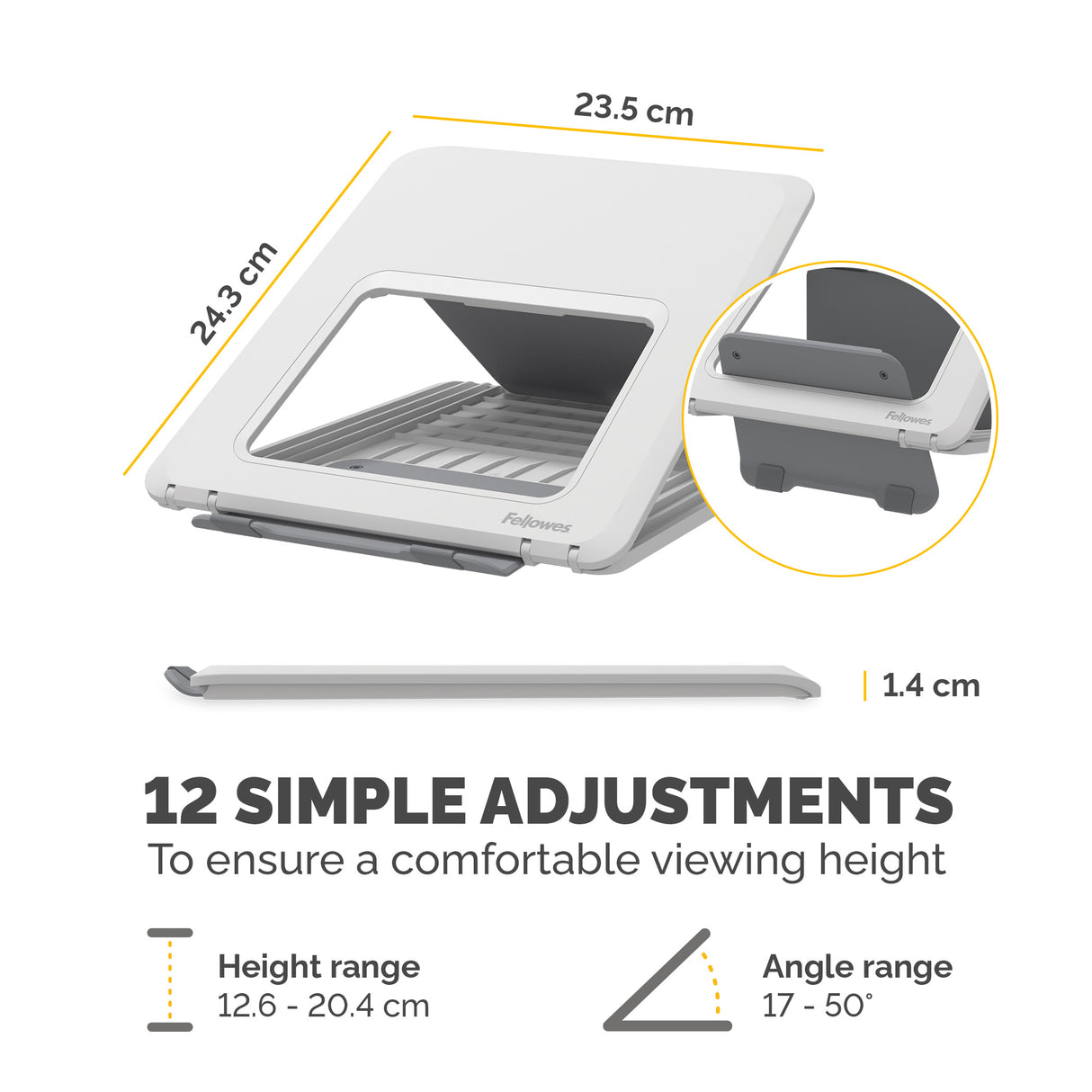 Fellowes Laptop Stand for Desk - Breyta Adjustable Laptop Riser for Home and Office - Portable Laptop Stand with 12 Height Adjustments - Max Laptop Size 14", Max Weight 4KG - White