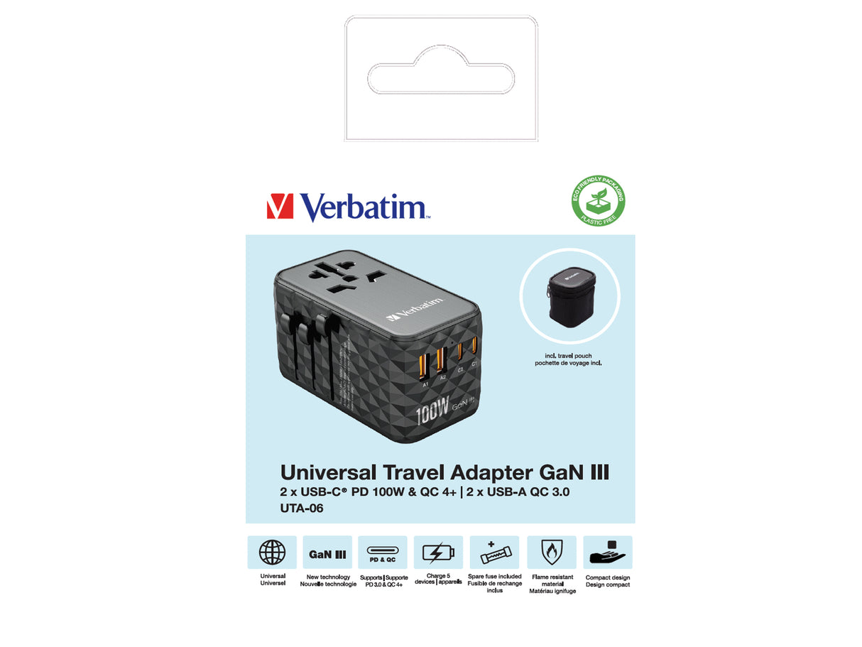 Verbatim UTA-06 100W GaN III Universal Travel Adapter with 2 x USB-C PD & QC 4+ & 2 x USB-A QC 3.0 ports