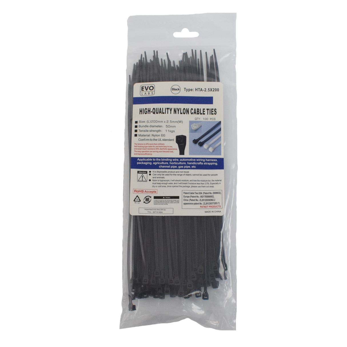 Evo Labs 2.5X200MM BLACK cable tie Nylon 100 pc(s)